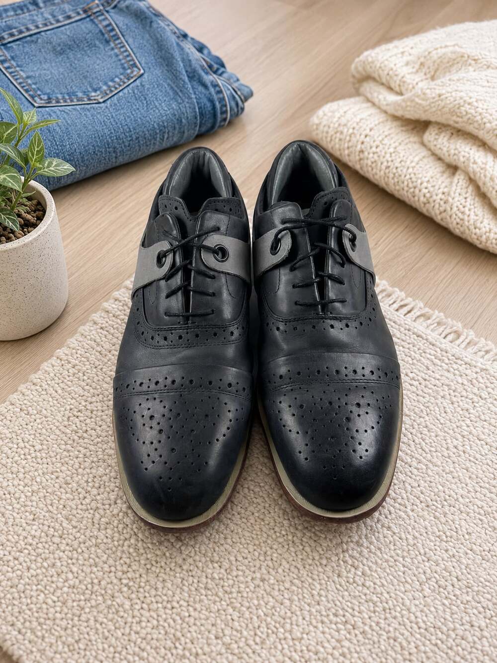 Tsubo Mens 11.5 Black Gray Leather Brogue Cap Toe Oxford Dress Shoes